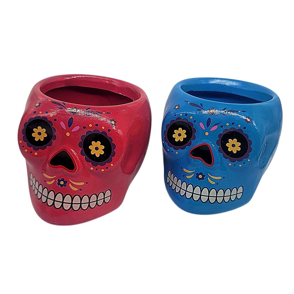 Lot of 2 Day of the Dead Skull Succulent Planter Small Cactus Pot Decor 4"x3"